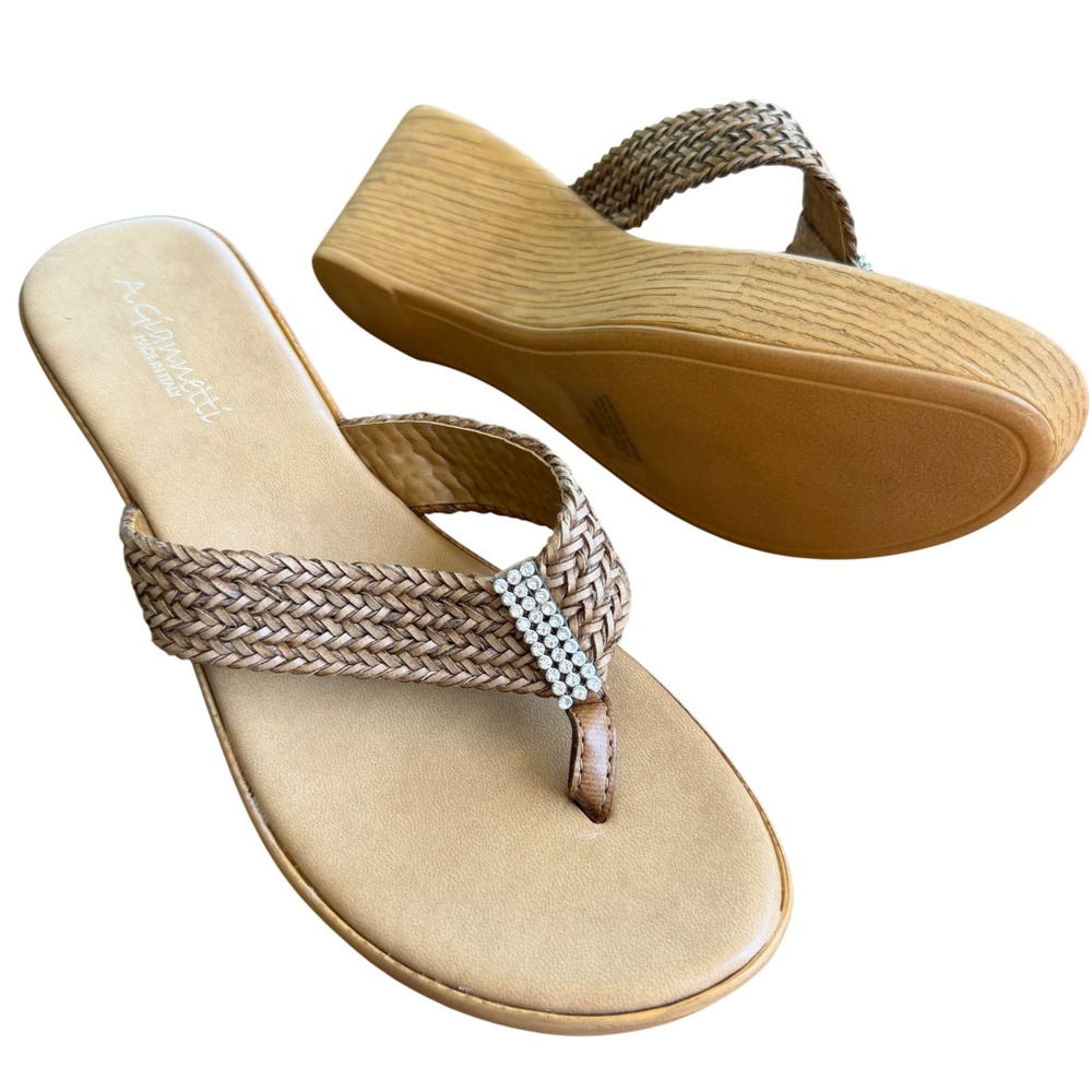A Giannetti Tan Woven Rhinestone Wedge Sandals Made‎ in Italy Womens Size 10